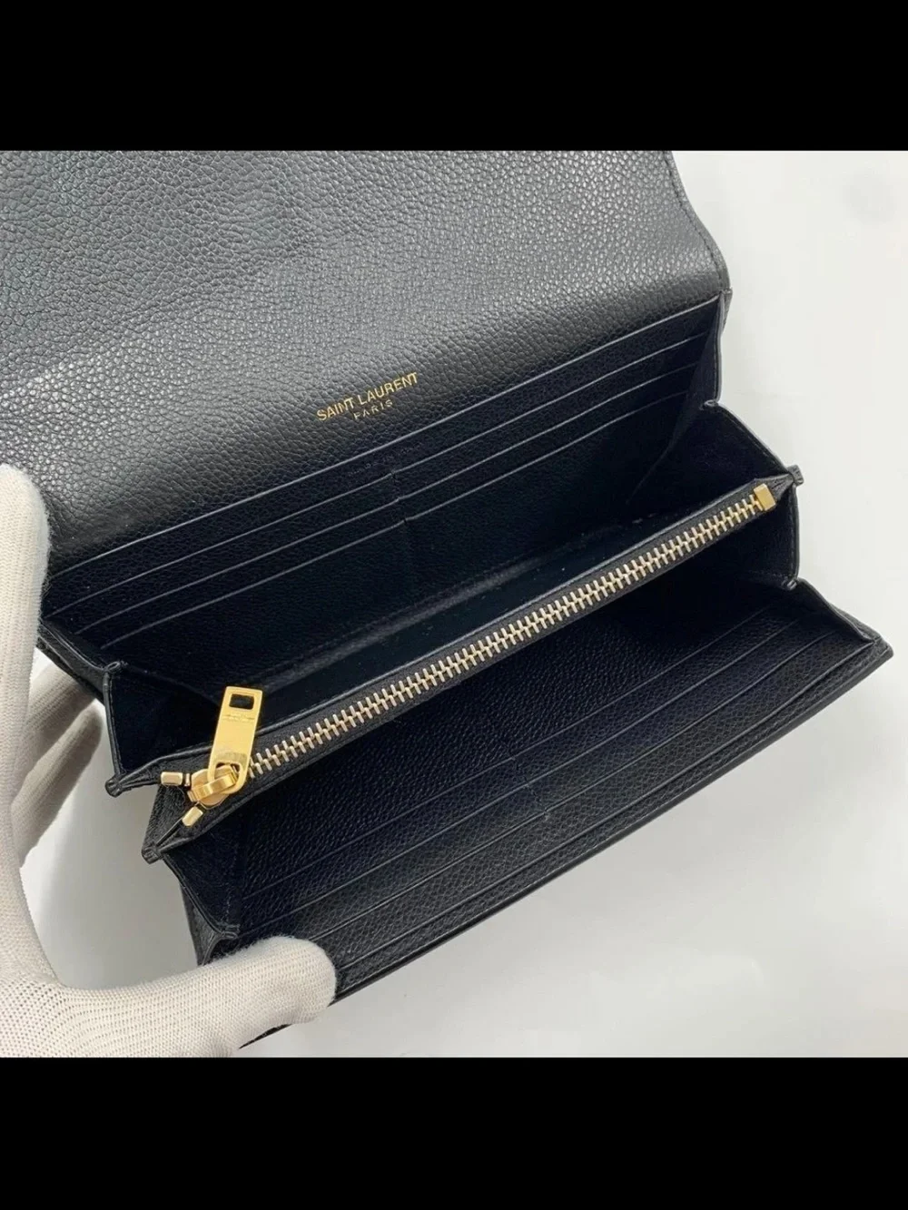 Saint Laurent Black Pebbled Leather Wallet with Gold YSL Emblem